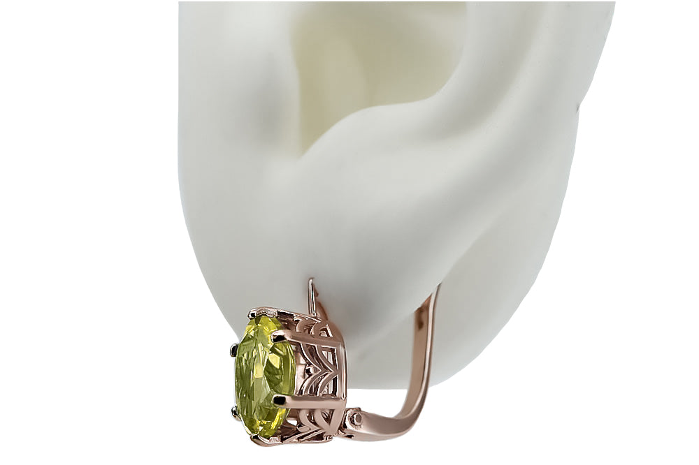 Vintage Yellow Peridot Earrings in 14K Rose Gold (vec003r-yp) — side view showing the setting