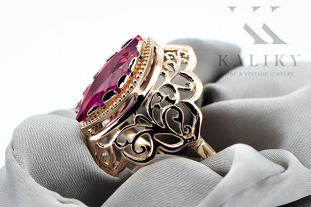 Vintage Ruby Ring in 14K Rose Gold (vrc017r-rb) — worn on the hand, showing profile