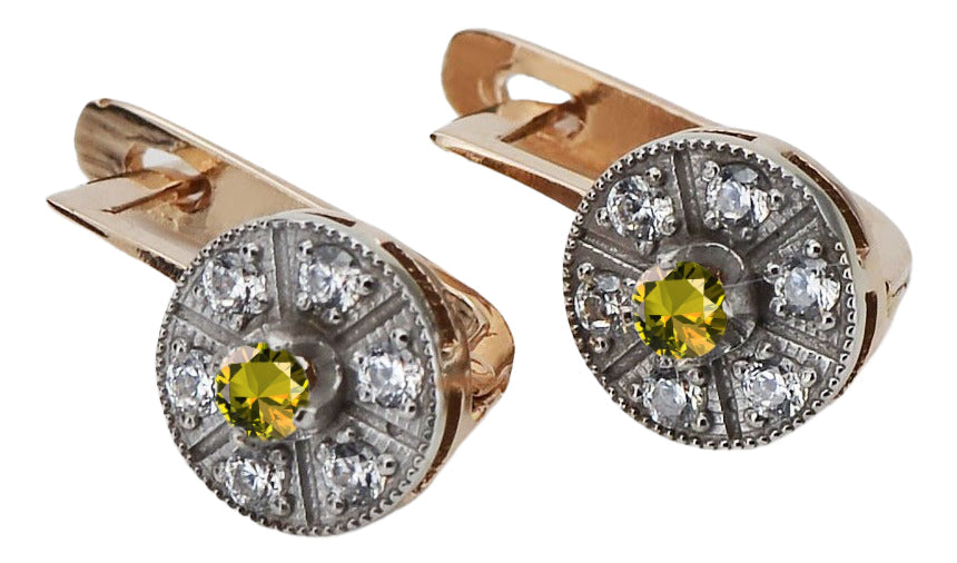Vintage Yellow Peridot Earrings in 14K Rose & White Gold (vec161rw-yp) — close-up of the stone and setting