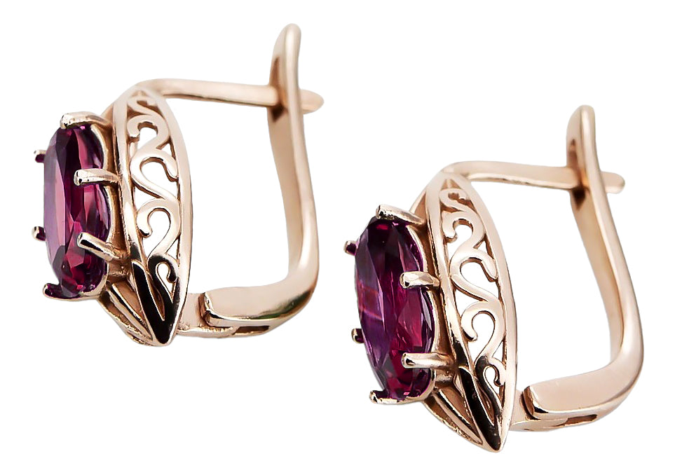 Vintage Ruby Earrings in 14K Rose Gold (vec141r-rb) — side view showing the setting