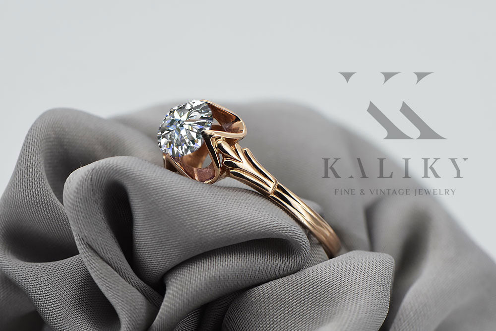Vintage Zircon Cubic Ring in 14K Rose Gold (vrc023r-zi) — worn on the neckline, showing the drape