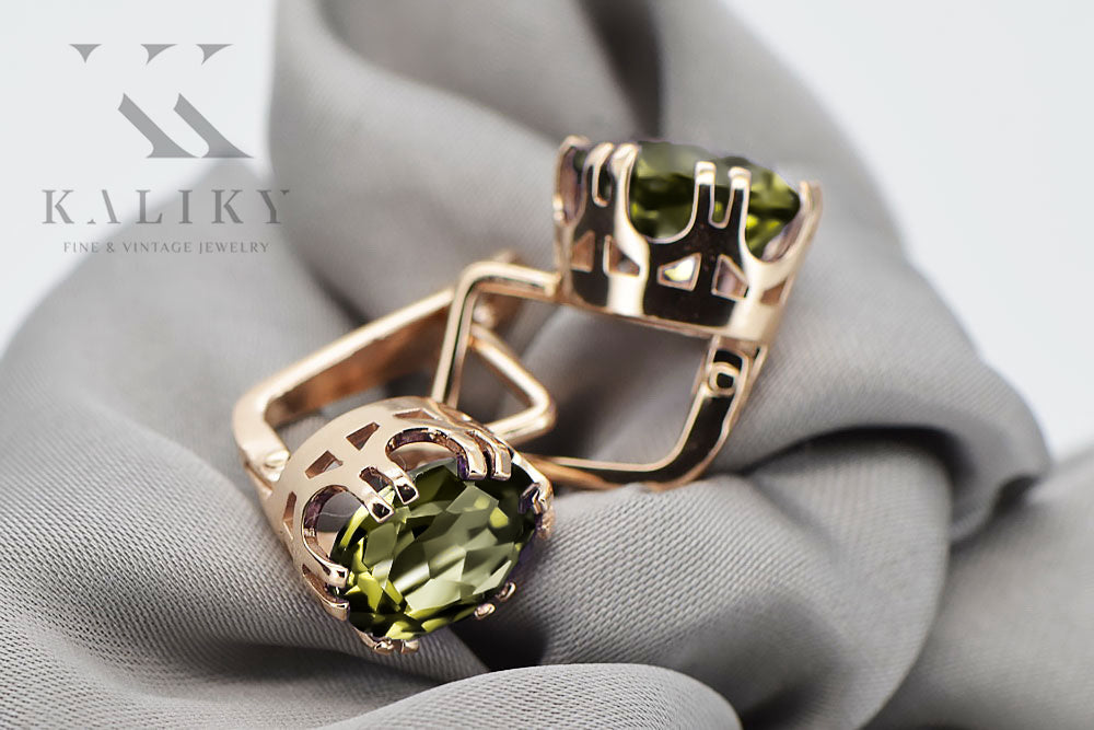 Vintage Yellow Peridot Craft Earrings in 14K Rose Gold (vec016r-yp) — worn on the neckline, showing the drape
