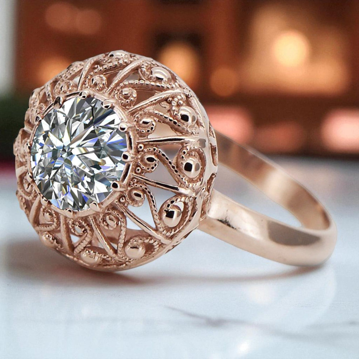 Vintage Zircon Ring in 14K Rose Gold (vrc059r-zi)