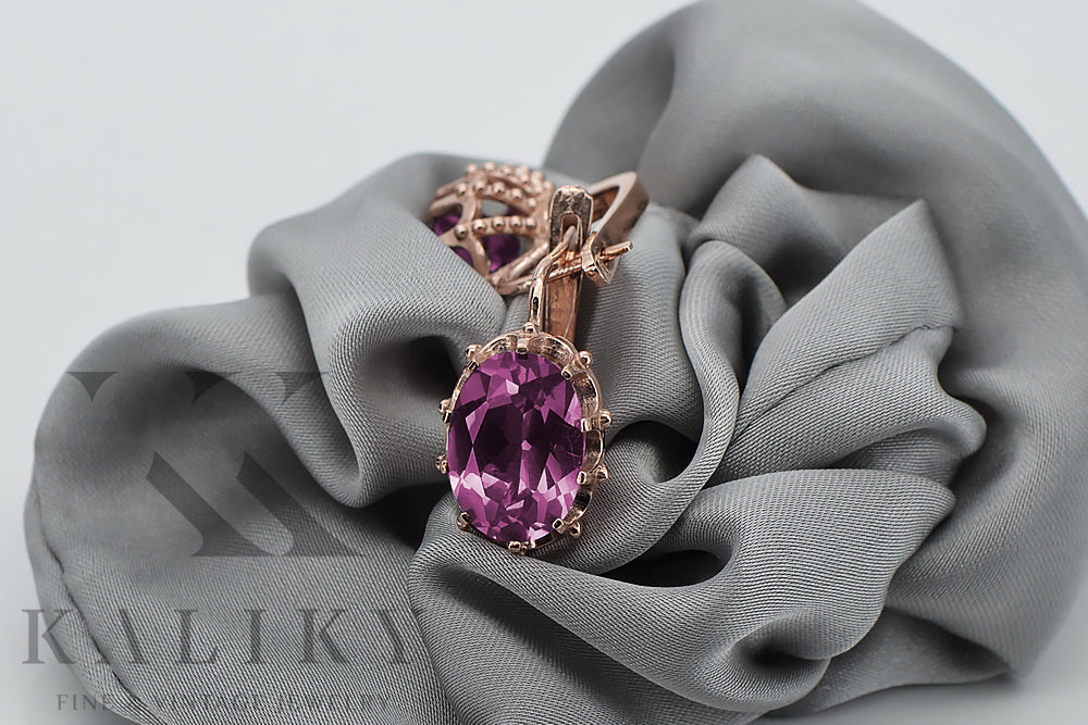 Vintage Amethyst Earrings in 14K Rose Gold (vec079r-am) — worn on the hand, showing profile