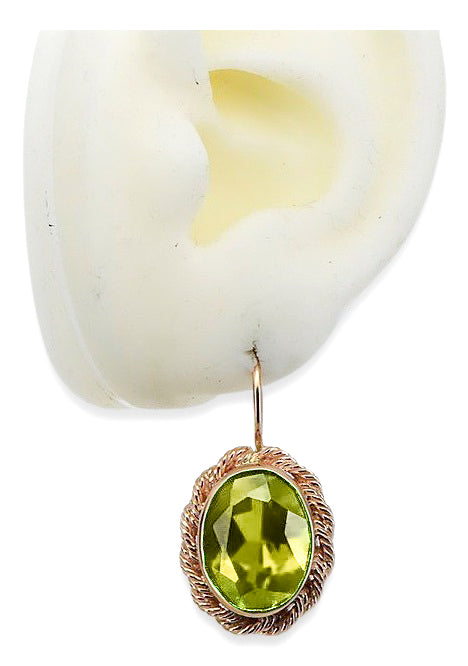 Vintage Yellow Peridot Earrings in 14K Rose Gold (vec007r-yp) — close-up of the stone and setting
