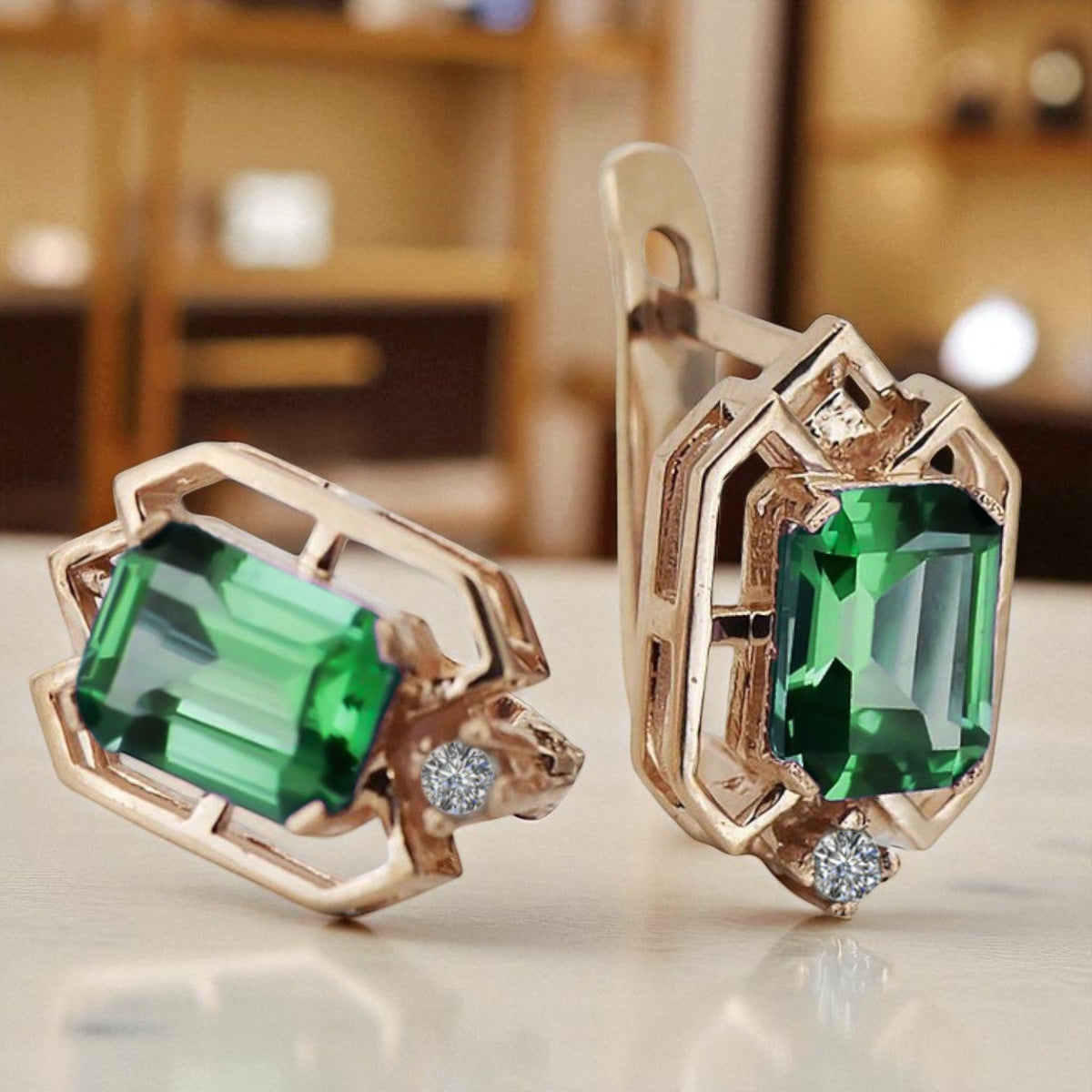Vintage Emerald Diamonds Craft Earrings in 14K Rose Gold (vec020r-em)