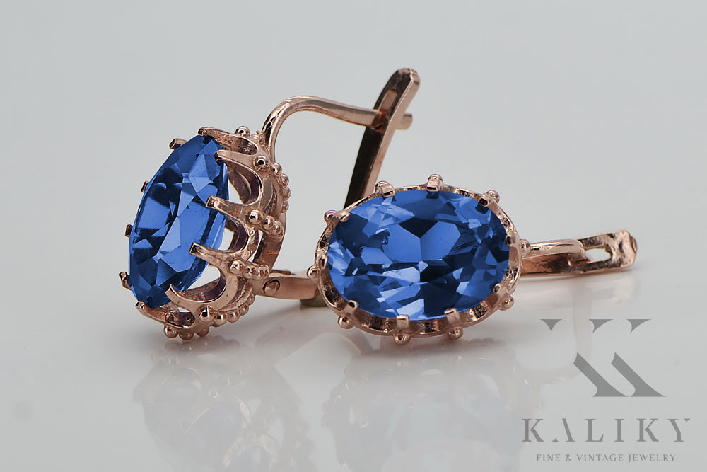 Vintage Alexandrite Sapphire Earrings in 14K Rose Gold (vec079r-sp) — worn on the neckline, showing the drape