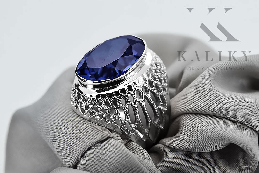 Vintage Sapphire Ring in Sterling Silver (vrc089s-sp) — close-up of the hallmark on the inner band