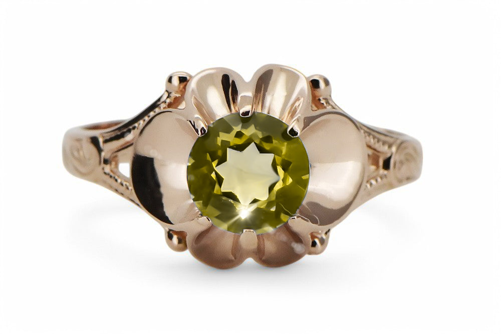 Vintage Yellow Peridot Ring in 14K Rose Gold (vrc377r-yp) — close-up of the hallmark on the inner band