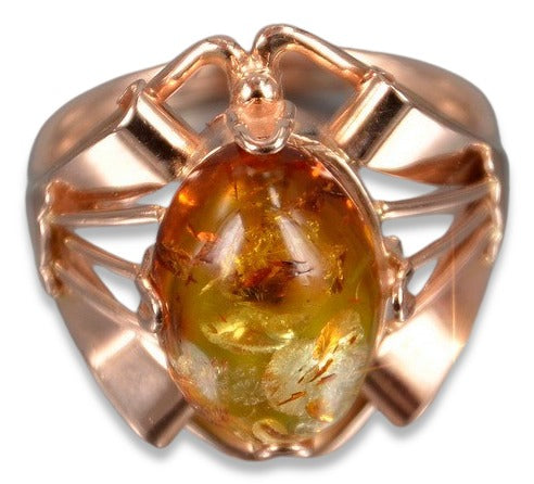 Vintage Amber Ring in 14K Rose Gold (vrab051) — close-up of the stone and setting