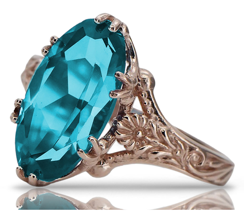Vintage Aquamarine Akwamatyn Ring in 14K Rose Gold (vrc084r-aq) — close-up of the stone and setting