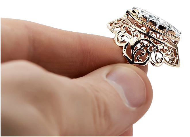 Vintage Zircon Ring in 14K Rose Gold (vrc017r-zi) — worn on the neckline, showing the drape