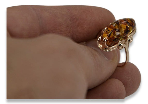 Vintage Amber Ring in 14K Rose Gold (vrab010) — side view showing the setting