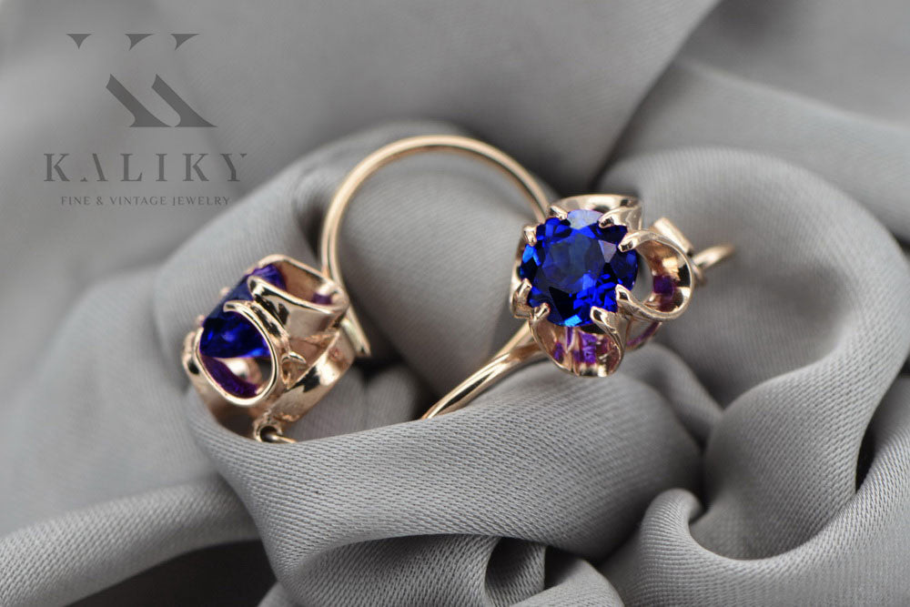Vintage Sapphire Earrings in 14K Rose Gold (vec035r-sp) — full view of the piece