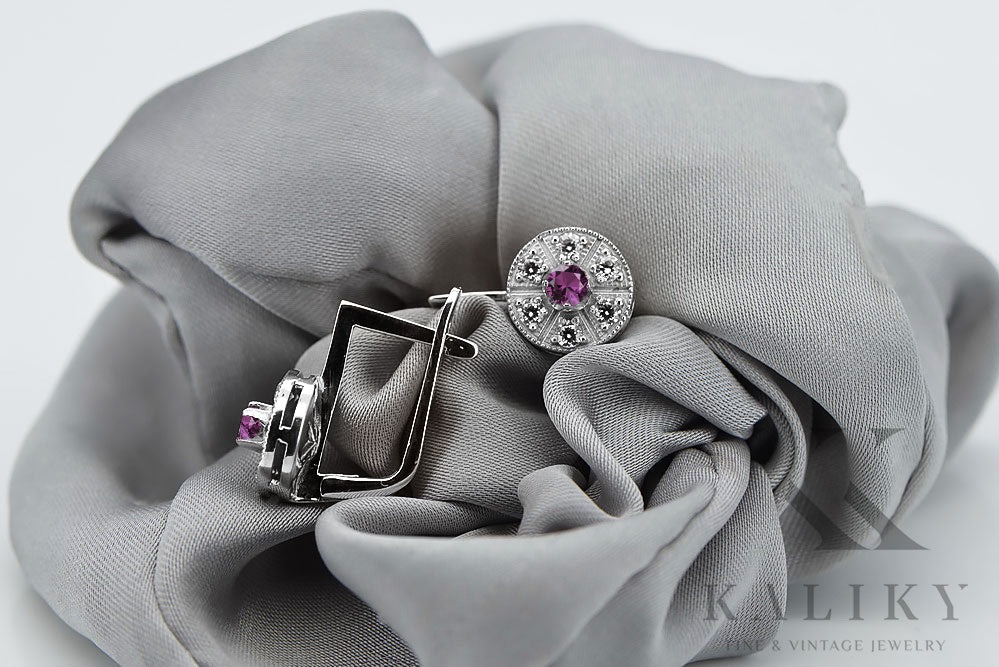 Vintage Amethyst Earrings in 14K White Gold (vec161w-am) — worn on the neckline, showing the drape