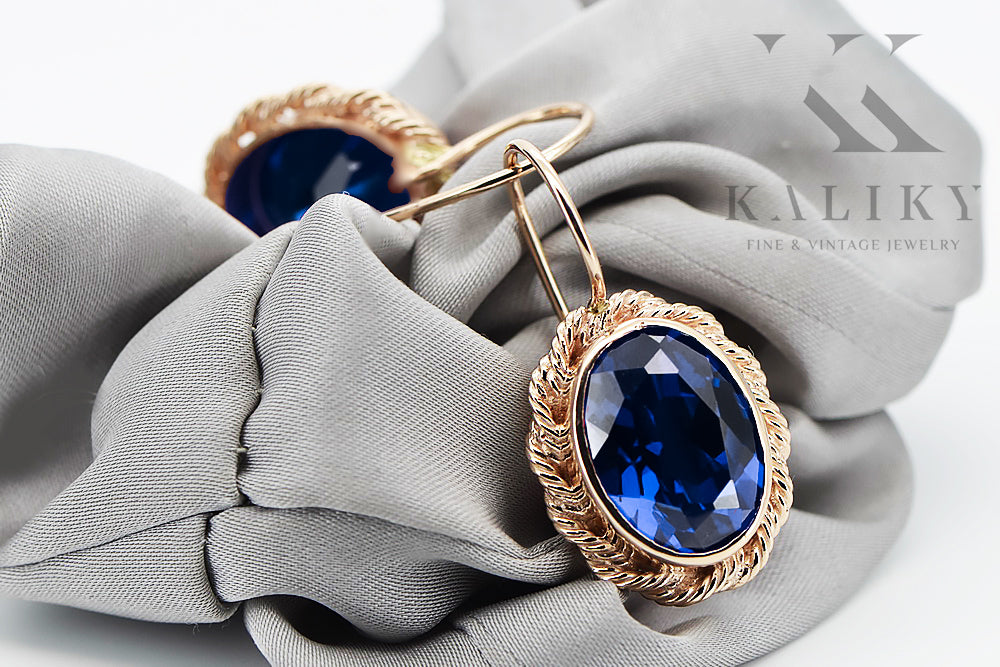Vintage Sapphire Earrings in 14K Rose Gold (vec007r-sp) — worn on the hand, showing profile