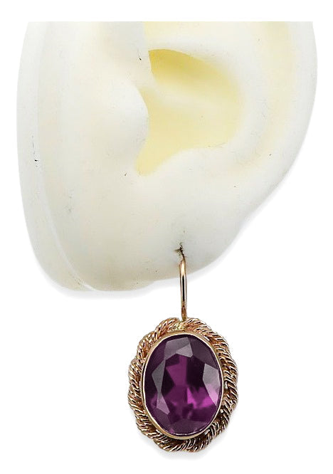 Vintage Amethyst Earrings in 14K Rose Gold (vec007r-am) — close-up of the stone and setting