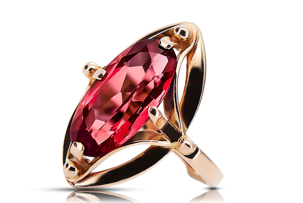 Vintage Ruby Ring in 14K Rose Gold (vrc047r-rb) — worn on the neckline, showing the drape