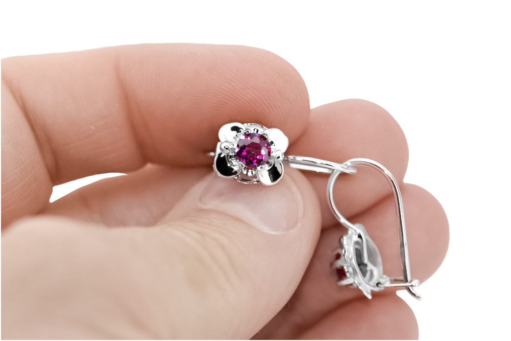 Vintage Ruby Earrings in Sterling Silver (vec116s-rb) — side view showing the setting