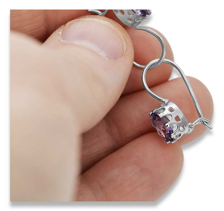 Vintage Alexandrite Earrings in Sterling Silver (vec196s-ax) — close-up of the stone and setting