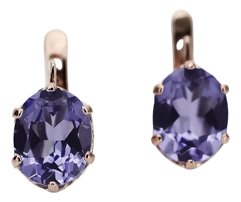 Vintage Alexandrite Earrings in 14K Rose Gold (vec003r-ax) — worn on the neckline, showing the drape