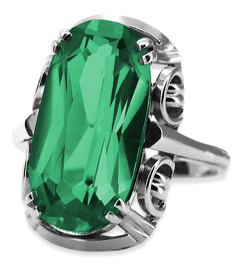 Vintage Emerald Ring in Sterling Silver (vrc038s-em) — worn on the neckline, showing the drape