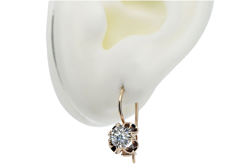 Vintage Zircon Earrings in 14K Rose Gold (vec035r-zi) — worn on the neckline, showing the drape