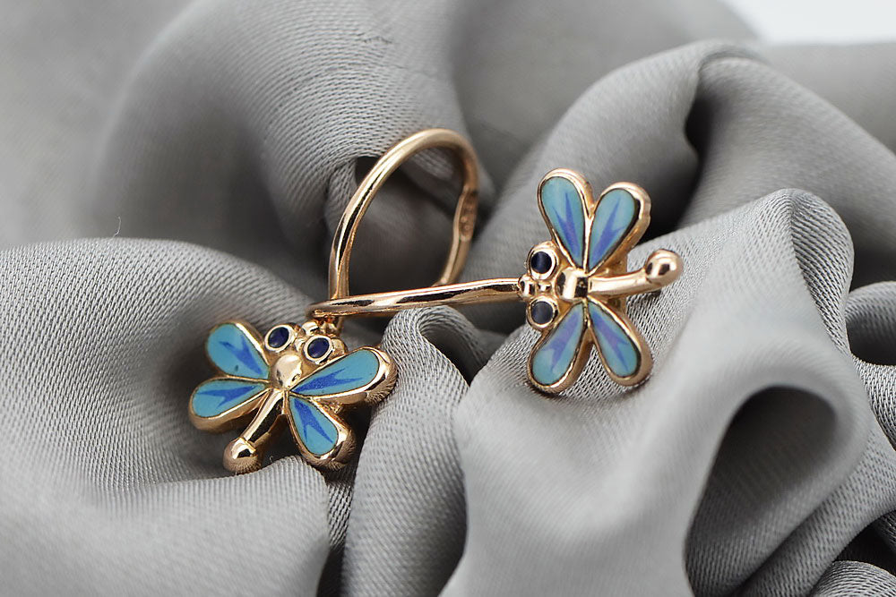 Vintage Dragonfly Earrings in 14K Rose Gold (ven153) — worn on the neckline, showing the drape