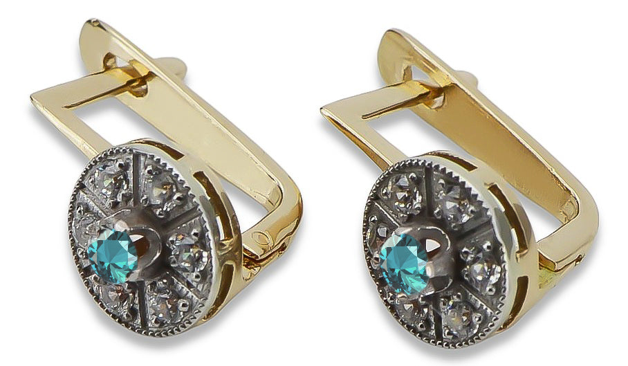 Vintage Aquamarine Earrings in 14K Yellow & White Gold (vec161yw-aq) — close-up of the stone and setting