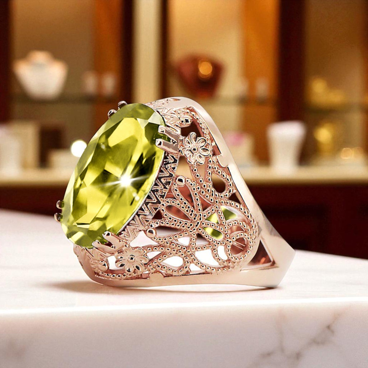 Vintage Yellow Peridot Ring in 14K Rose Gold (vrc074r-yp)
