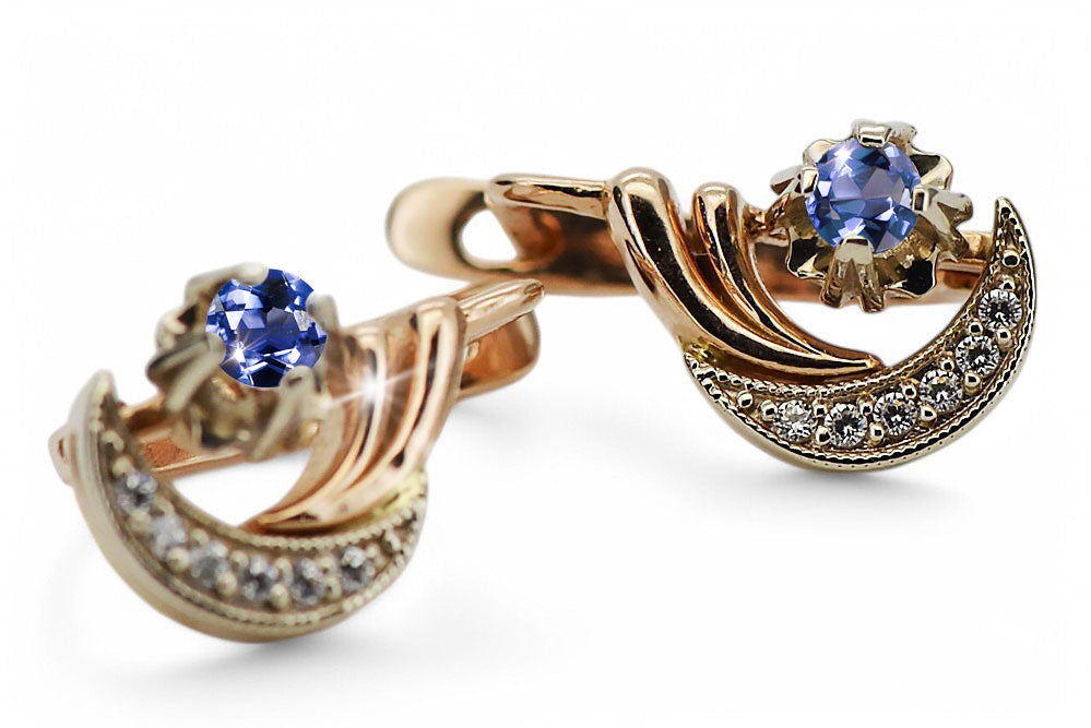 Vintage Alexandrite Zircon Earrings in 14K Rose & White Gold (vec093rw-ax) — worn on the hand, showing profile