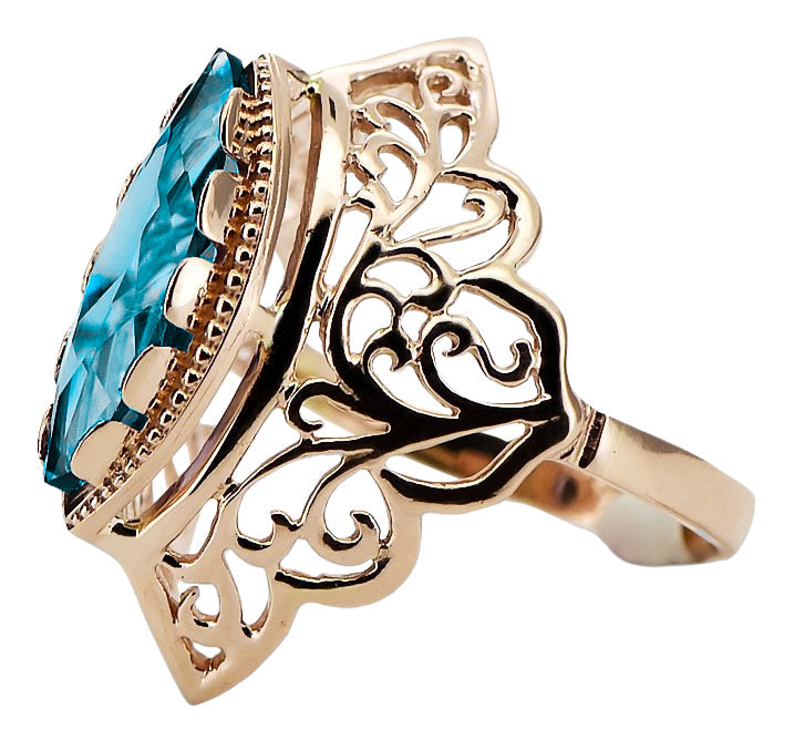 Vintage Aquamarine Ring in 14K Rose Gold (vrc017r-aq) — close-up of the stone and setting