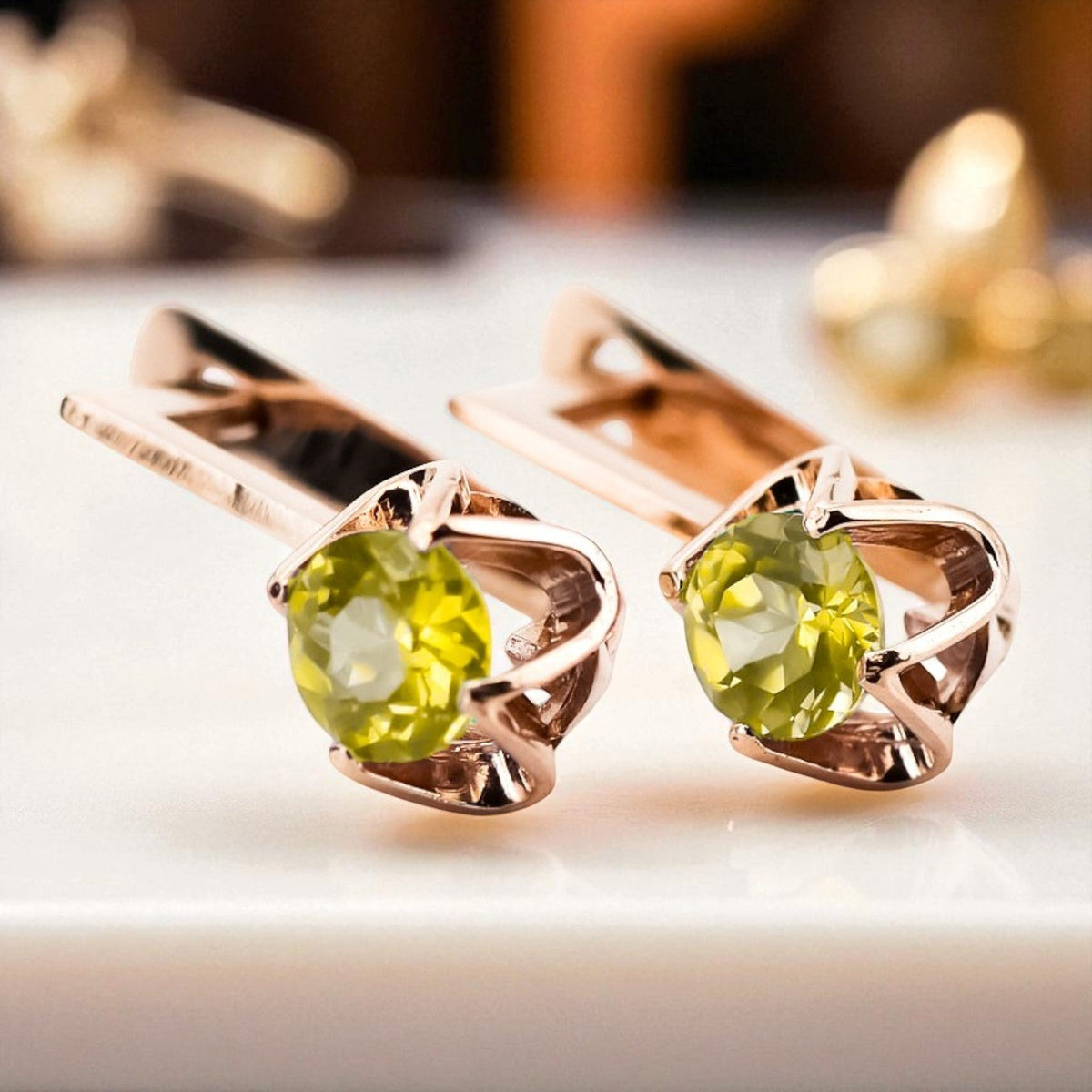 Vintage Yellow Peridot Earrings in 14K Rose Gold (vec005r-yp)