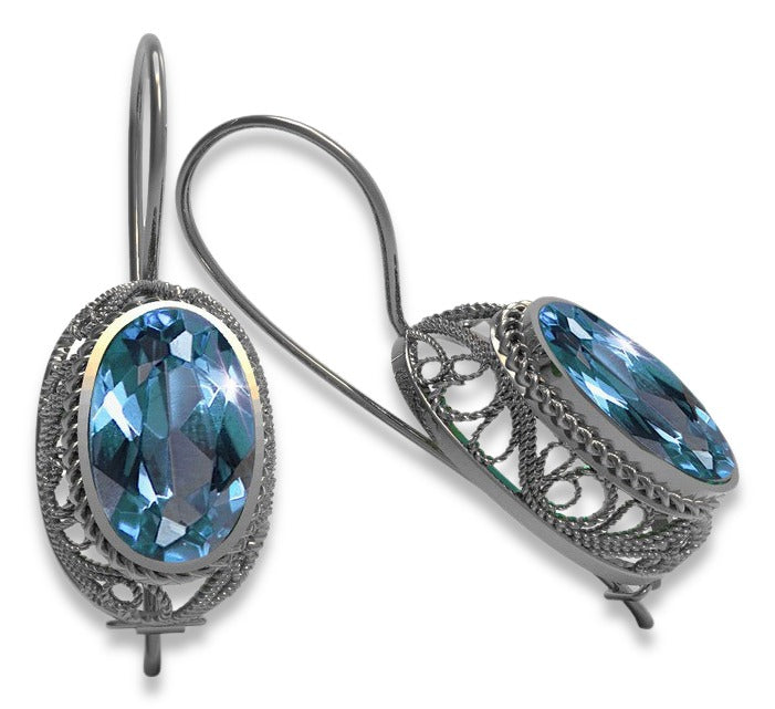 Vintage Aquamarine Earrings in Sterling Silver (vec023s-aq) — worn on the neckline, showing the drape
