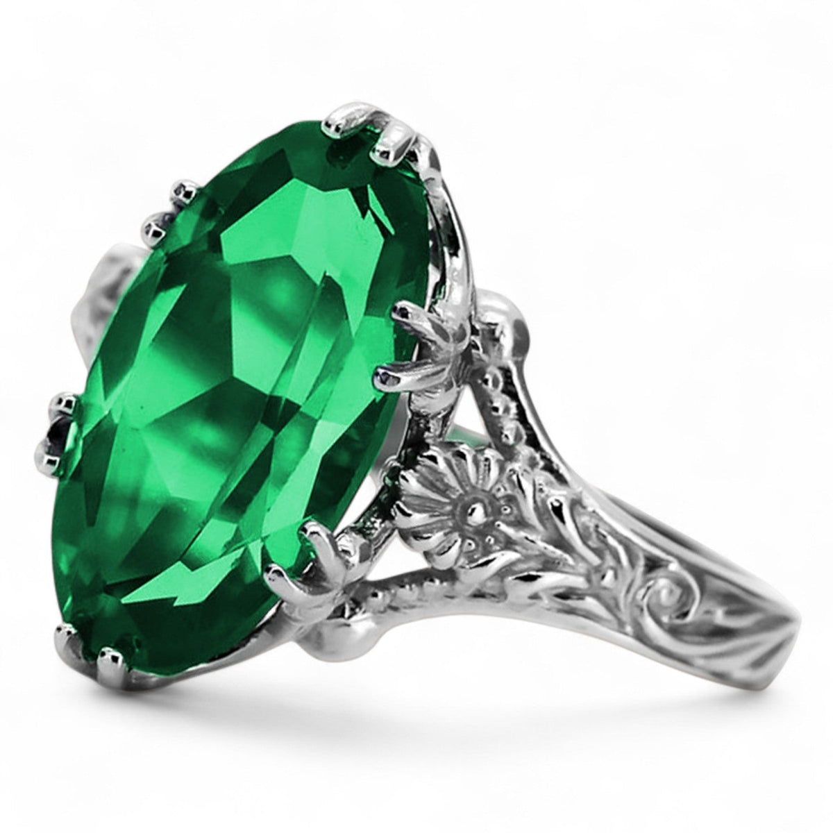 Vintage Emerald Oval Polish Ring in Sterling Silver (vrc084s-em)