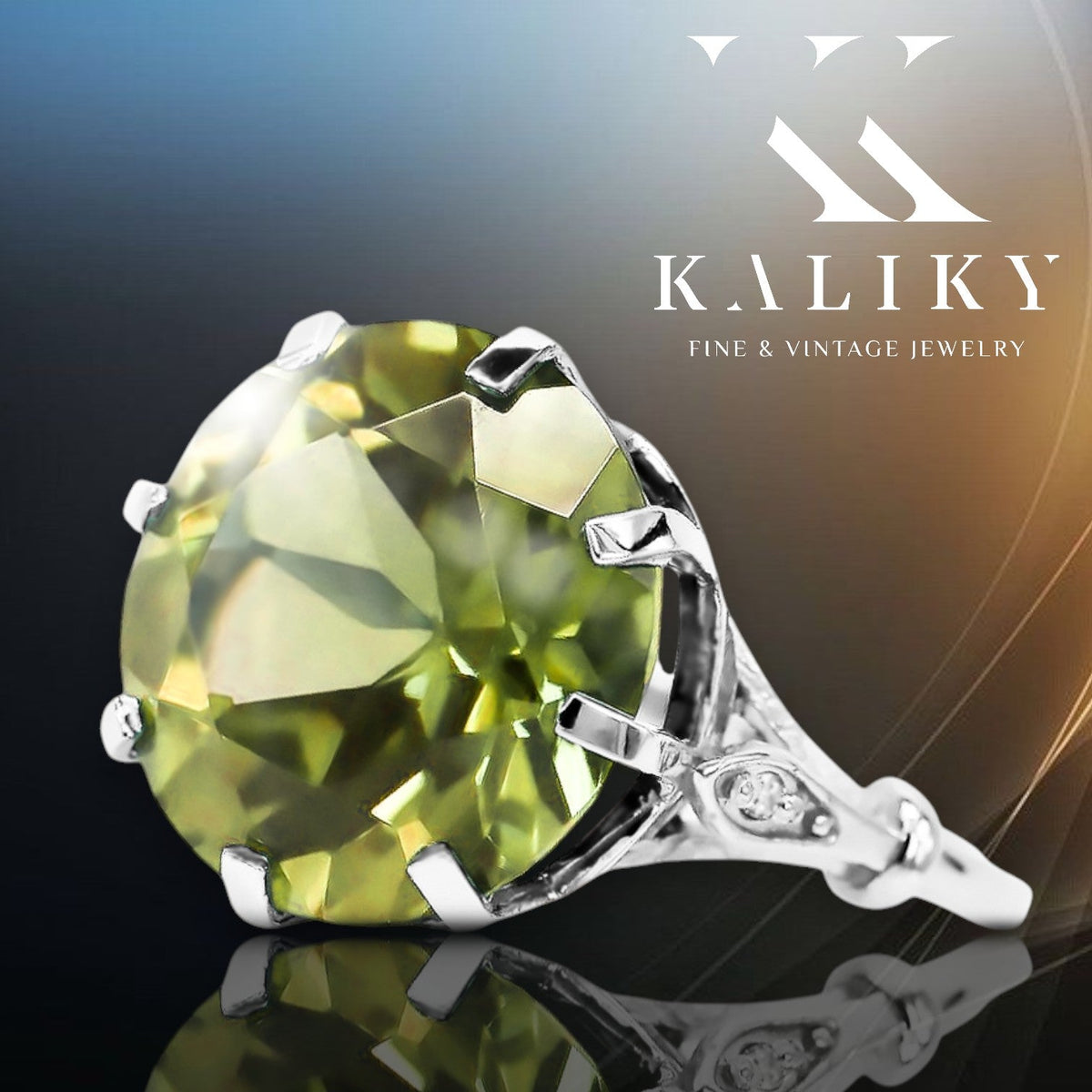 Vintage Yellow Peridot Ring in Sterling Silver (vrc073s-yp) — full view of the piece