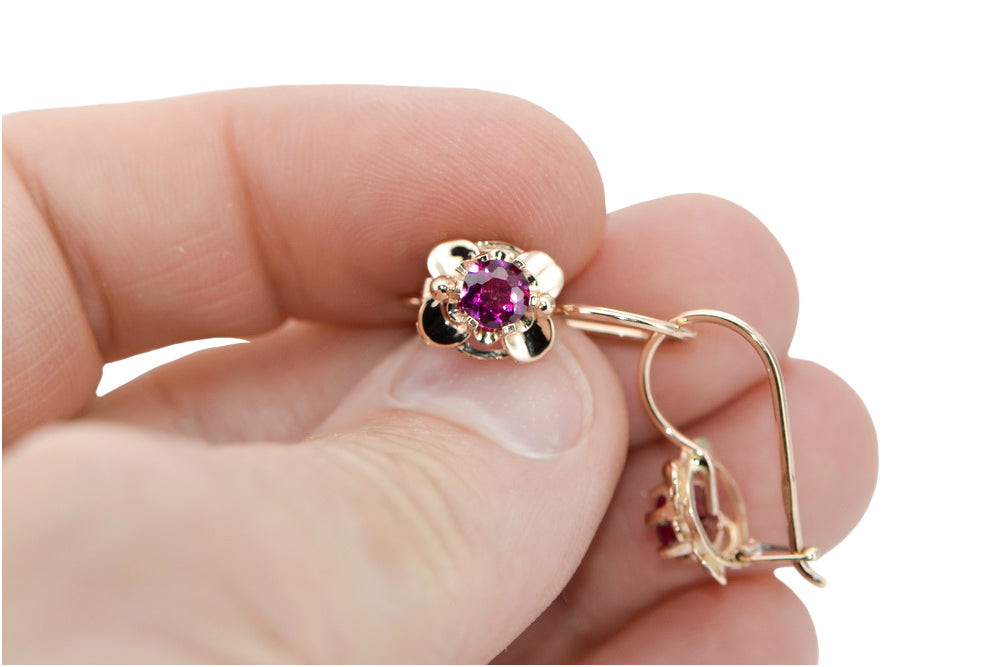 Vintage Ruby Earrings in 14K Rose Gold (vec116r-rb) — close-up of the hallmark on the inner band