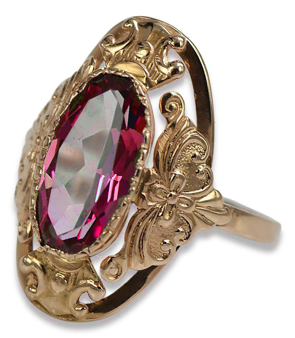 Vintage Ruby Ring in 14K Rose Gold (vrc014r-rb) — worn on the neckline, showing the drape
