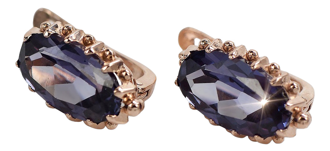 Vintage Alexandrite Aleksandryt Earrings in 14K Rose Gold (vec174r-ax) — worn on the neckline, showing the drape