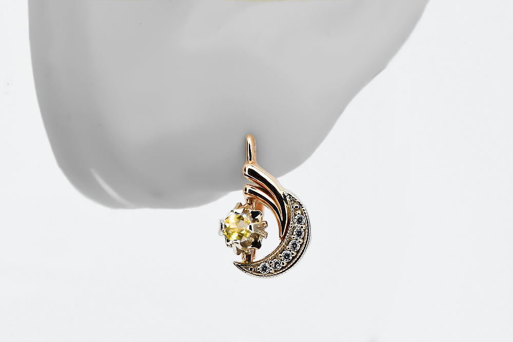 Vintage Yellow Peridot Earrings in 14K Rose & White Gold (vec093rw-yp) — side view showing the setting
