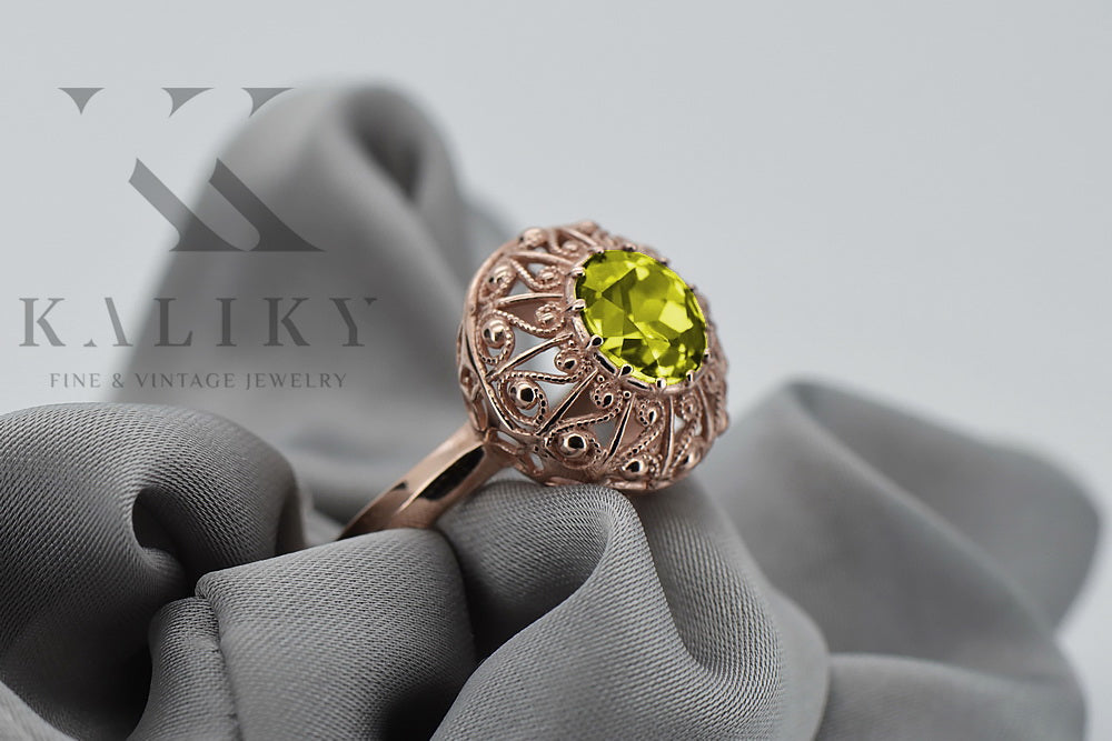 Vintage Yellow Peridot Ring in 14K Rose Gold (vrc059r-yp) — worn on the neckline, showing the drape