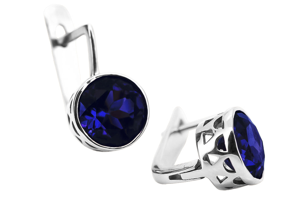 Vintage Sapphire Earrings in Sterling Silver (vec107s-sp) — close-up of the stone and setting