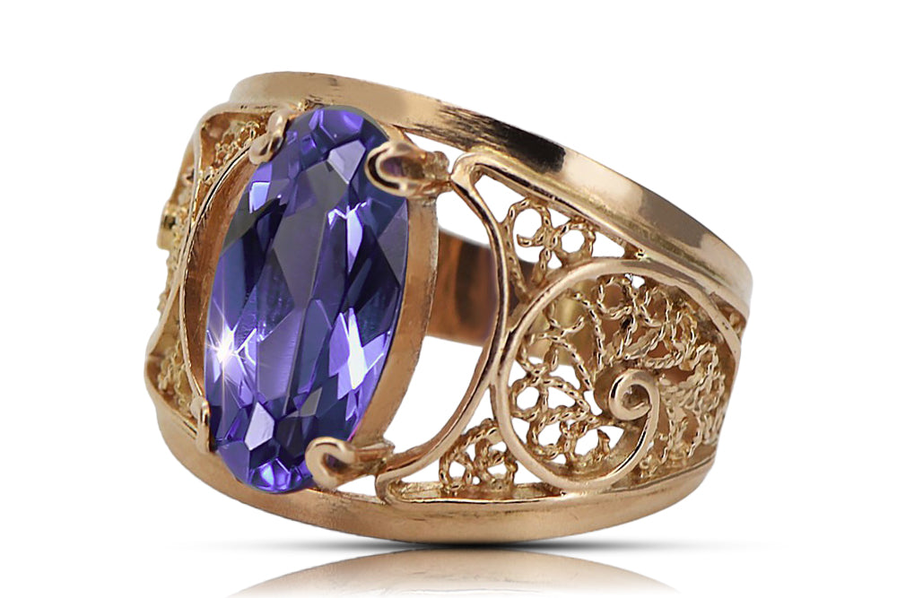 Vintage Alexandrite Ring in 14K Rose Gold (vrc057r-ax) — worn on the neckline, showing the drape