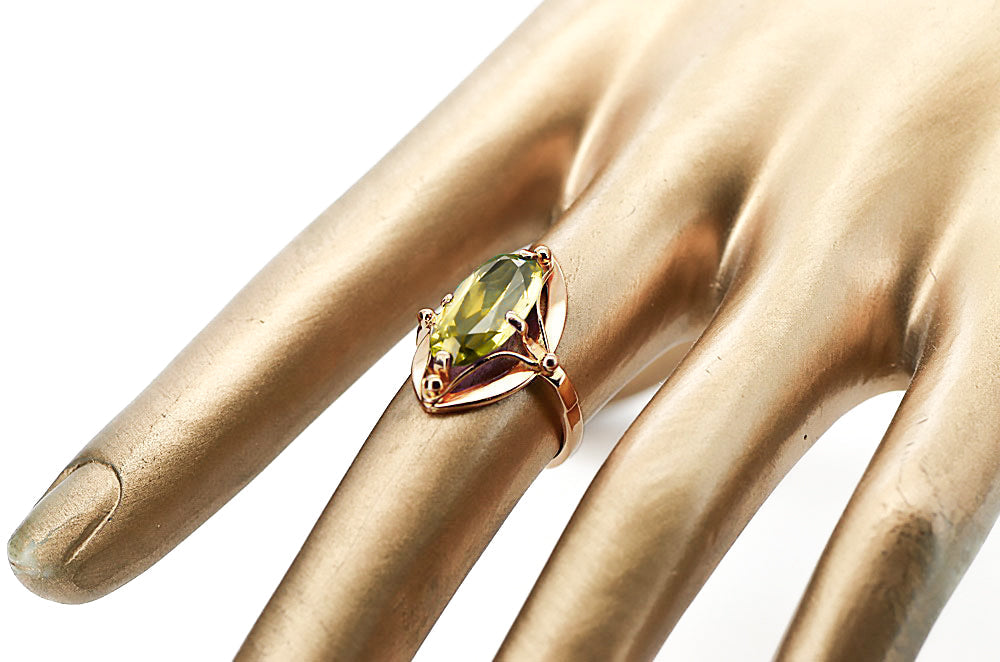 Vintage Yellow Peridot Craft Ring in 14K Rose Gold (vrc047r-yp) — worn on the neckline, showing the drape