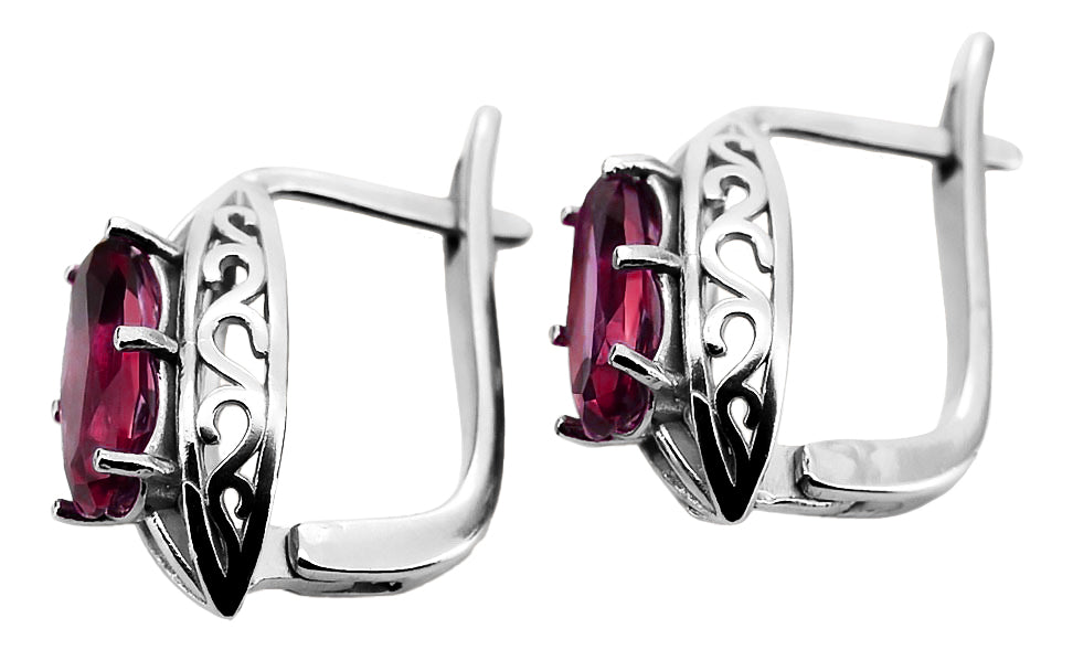 Vintage Ruby Oval Stone Wedding Gift Earrings in Sterling Silver (vec141s-rb) — worn on the hand, showing profile