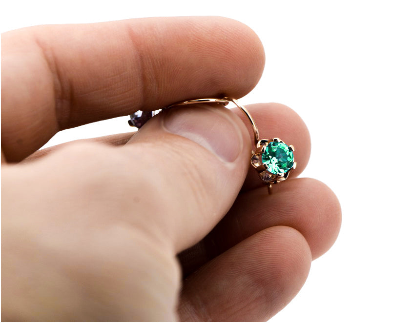 Vintage Emerald Earrings in 14K Rose Gold (vec019r-em) — close-up of the stone and setting
