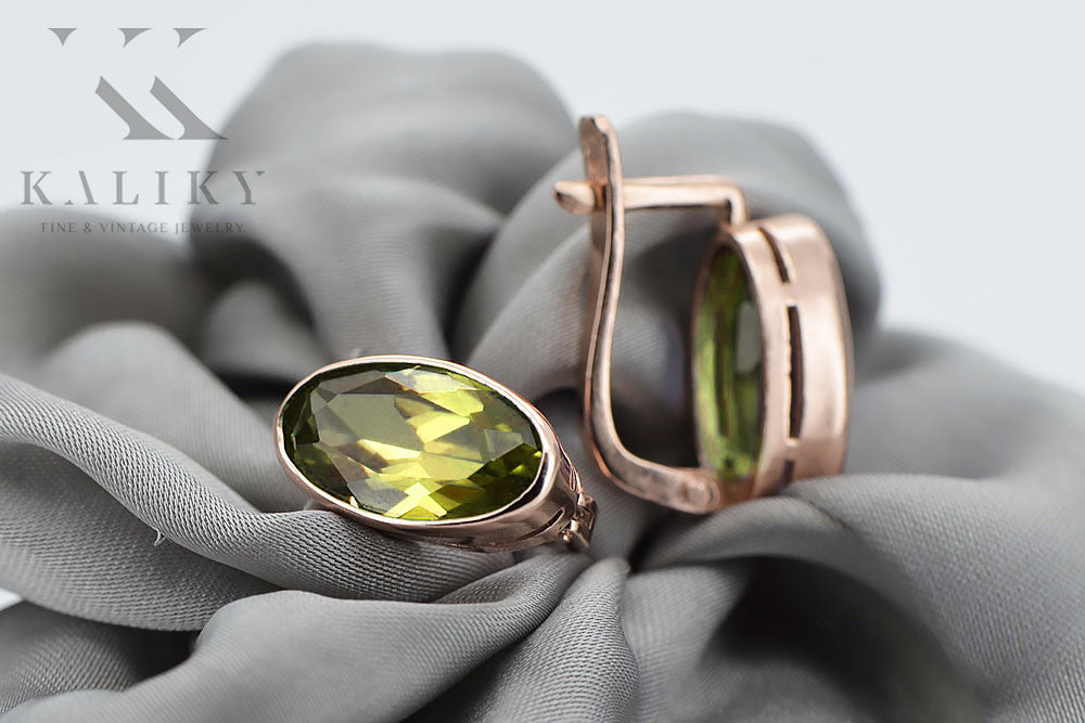 Vintage Yellow Peridot Earrings in 14K Rose Gold (vec001r-yp) — worn on the neckline, showing the drape