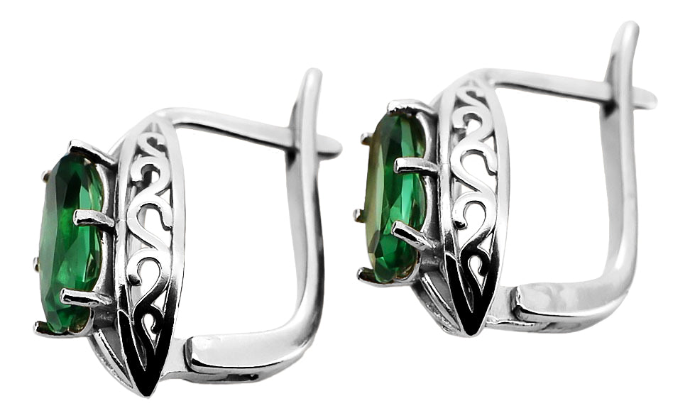 Vintage Emerald Earrings in Sterling Silver (vec141s-em) — worn on the neckline, showing the drape