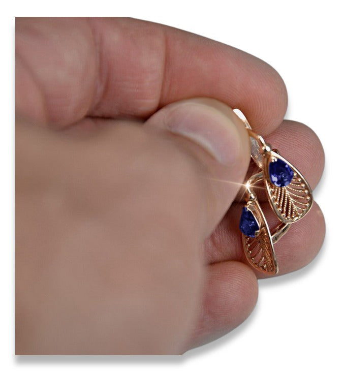 Vintage Sapphire Earrings in 14K Rose Gold (vec067r-sp) — worn on the hand, showing profile