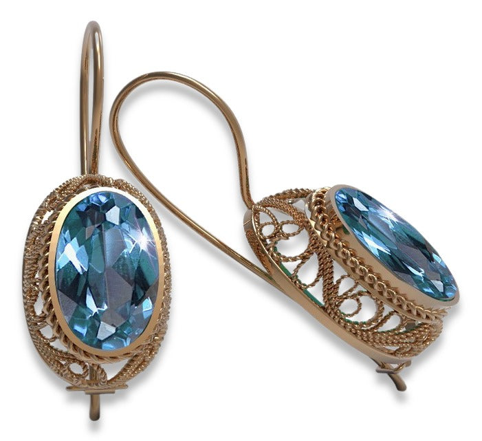 Vintage Aquamarine Earrings in 14K Rose Gold (vec023r-aq) — worn on the neckline, showing the drape